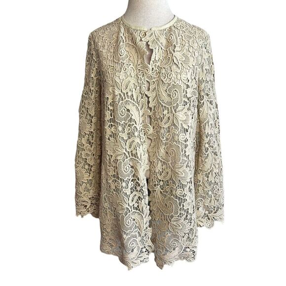 RALPH LAUREN Black Label Cardigan Women 12 Beige Eyelet Lace Cotton Leather Trim